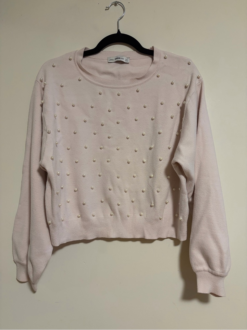 Zara Knit Blush Pink Pearl Embellished Balloon Sleeve Sweater M